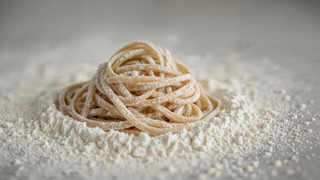 Foreground view of mafaldi pasta lightly covered in flour