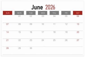 Calendar page for June 2026 year isolated on white background, Save clipping path.