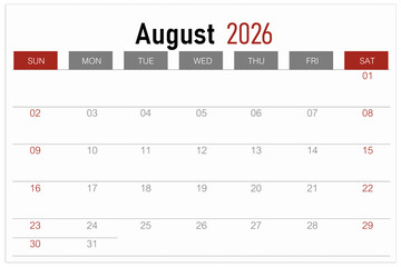 Calendar page for August 2026 year isolated on white background, Save clipping path.