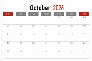 Calendar page for October 2026 year isolated on white background, Save clipping path.
