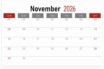 Calendar page for November 2026 year isolated on white background, Save clipping path.