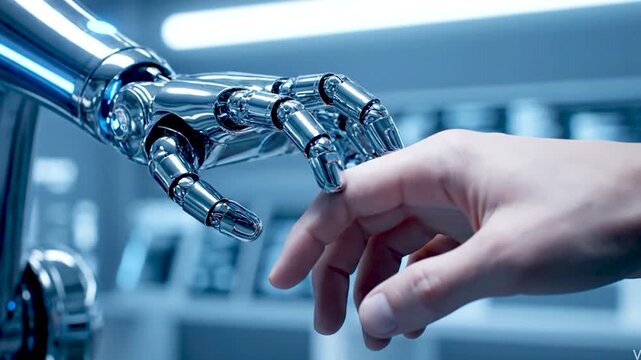 Robotic hand touching and turning crop cyborg on generated with ai