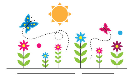 Cute Summer Illustration with Sun Flowers and Birds Isolated on White. Animals, insects, nature and wildlife concept vector art