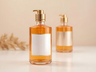 Fototapeta premium Golden amber liquid in elegant bottles for your luxury brand, showcasing blank labels for your design needs
