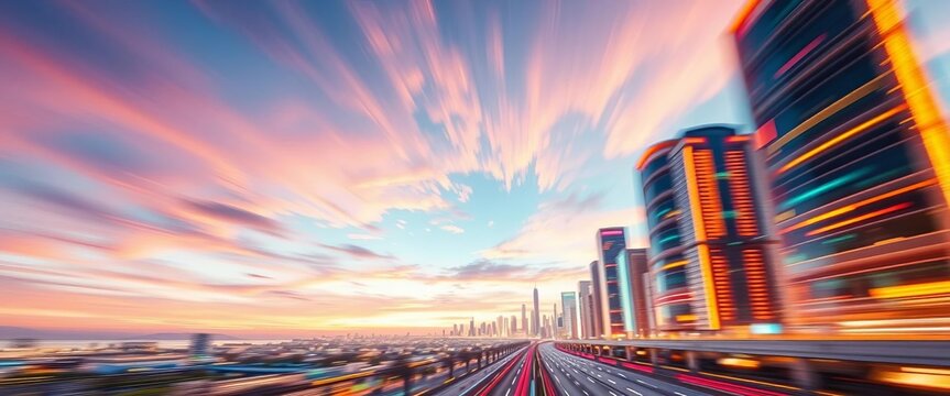 Abstract futuristic cityscape with vibrant gradient sky and blurred high-speed motion,  speed,  futuristic