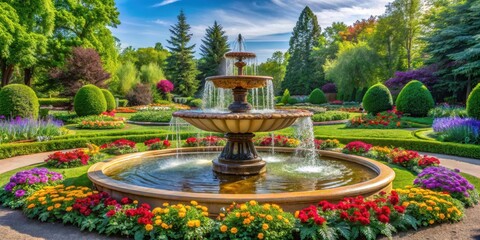 Water feature with large fountain surrounded by lush greenery and vibrant flowers