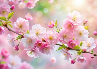 Obraz premium Delicate cherry blossom flowers in soft pink shades with slender green stems and lush foliage
