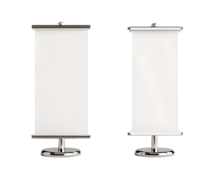 Two sleek double sided roll up banner stands with adjustable blank white panels for versatile display and promotion in commercial or event settings