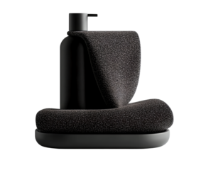 A sleek minimalist black pedestal with a textured cylindrical design serving as a modern platform for displaying objects or artwork