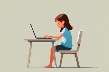 Young woman working on a laptop at a clean desk in a modern, minimalist office

