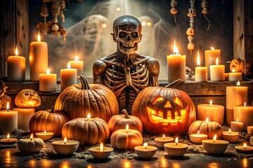 A creepy skeleton figure sits behind a collection of glowing jackolanterns and candles on a wooden table creating a spooky halloween scene