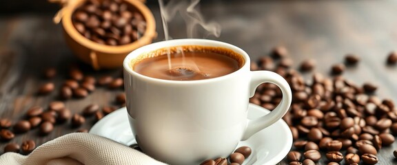 Fototapeta premium Steaming hot coffee in a white mug, coffee beans scattered nearby, espresso, coffee time