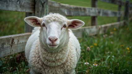 Obraz premium Close-up of a sheep with a woolly coat standing near a rustic wooden fence surrounded by lush green grass and wildflowers.