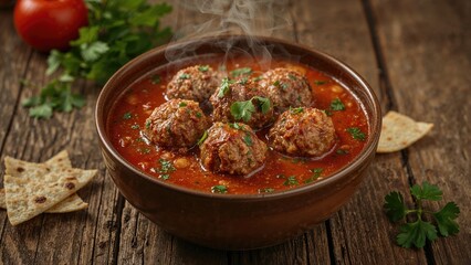 Close-up of a delicious meatball soup with space for text