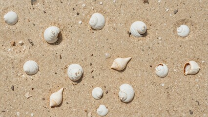 Various shells and marine snails resting on sandy coast