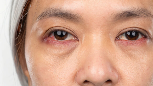 Woman face close up showing irritated red eye concept. Close-up of weary eyes reflecting fatigue and stress.