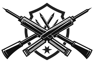 Fototapeta premium Black and white emblem with crossed rifles and spears behind a shield with a star