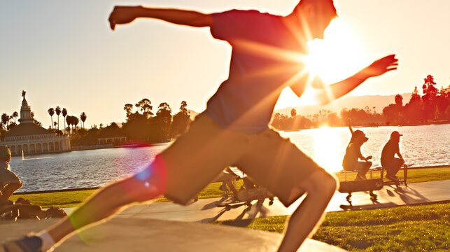 Silhouette of a skater performing a trick at sunset. - Powered by Adobe