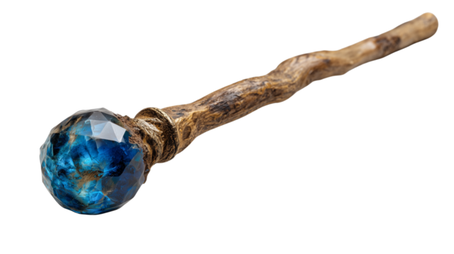 Magic weapon made from sacred old wood and brilliant blue quartz-like gemstone for enchantment themes on transparent background