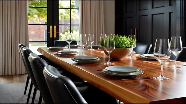 Elegant dining setup featuring wooden table with modern tableware and natural light in a stylish interior