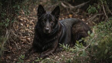Tranquil dog seated on the ground