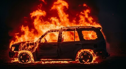 Burning Car Night Scene - A car engulfed in flames at night, intense fire illuminating the scene. Dramatic of destruction and loss