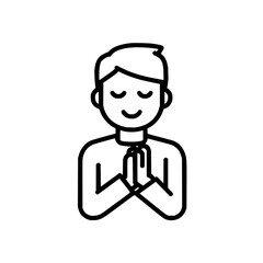 Illustration of a person kneeling with hands clasped in prayer wearing a long robe in black outline