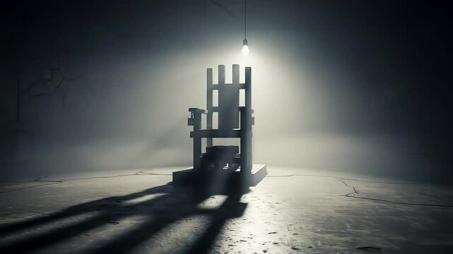 Dramatic Electric Chair Under Spotlight in Dark Creepy and Eerie Room.