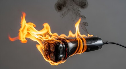 Burning Electric Razor - A close-up shot of an electric razor engulfed in flames against a gray background