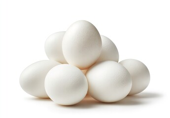 A pile of six fresh white eggs, isolated on a vivid background, in the front view, Generative AI.