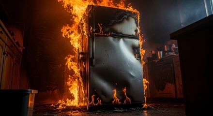 Burning Refrigerator Kitchen Fire - A refrigerator engulfed in flames during a kitchen fire. Damage and destruction are evident
