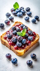 Toast slice with blueberry jam on white background