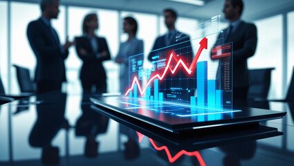Holographic Financial Charts Displaying Market Trends in a High-Tech Corporate Environment.
