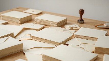 Stacks of cream colored envelopes scattered across a wooden desk with a wax seal stamp and a pen visible in the scene