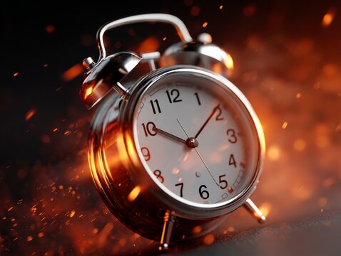 Modern Alarm Clock with Fiery Visual Effects Conveying Urgency