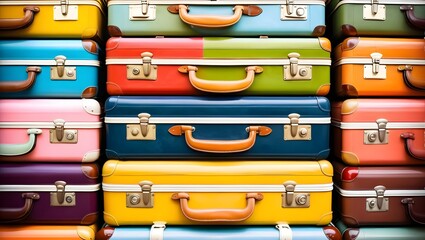 Obraz premium Vibrant Vintage Suitcase Collection in Assorted Bright Colors and Designs for Traveling Adventure