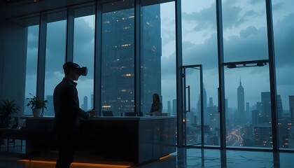 Vr metaverse technology concept man using virtual reality headset in office new york city