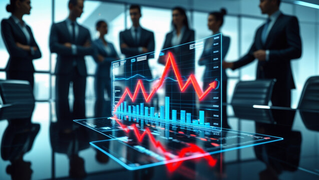 Holographic Financial Charts Displaying Market Trends in a High-Tech Corporate Environment.
