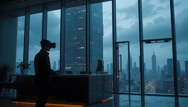 Vr metaverse technology concept man using virtual reality headset in office new york city - Powered by Adobe