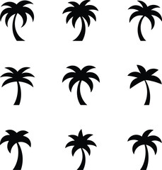 Collection of nine black silhouette palm tree icons on white background
