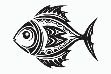 Stylized fish shows intricate tribal patterns outlined in monochrome against a plain background