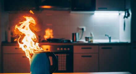 Flaming Kettle in Kitchen - A blue electric kettle engulfed in flames sits on a kitchen counter. The scene symbolizes danger, kitchen accidents, electrical malfunction, fire hazard, and home safety