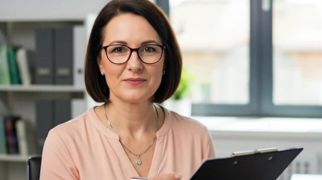 Smiling woman with glasses holding a clipboard, looking friendly and professional.