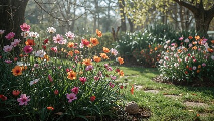 Naklejka premium Colorful blooming flowers in a lush garden during spring with sunlight filtering through trees and vibrant plant life filling the landscape