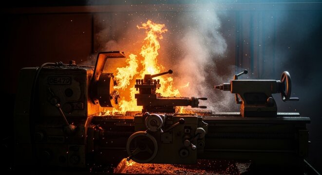 Industrial Inferno: Machine Ablaze - A powerful symbolizing industrial accident, destruction, intense heat, malfunction, and fiery chaos. The burning machine represents loss and the need for safety