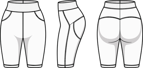 Cad drawing flat vector illustration of women’s high waist biker shorts, stretchy fitness shorts, casual summer shorts, activewear apparel design, seamless sportswear pattern, trendy gym outfit 
