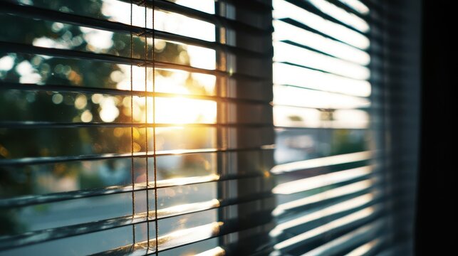 Sunlight streams through window blinds.
