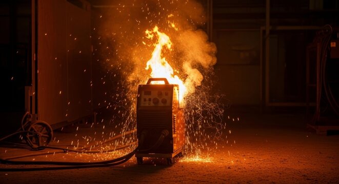 Industrial Welding Machine Fire Hazard - A welding machine engulfed in flames, sparks flying, illustrating a workplace safety hazard