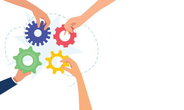 Teamwork concept,  collaborative idea development, employee participation concept, interaction to get a solution. Business creative illustration for web banner.