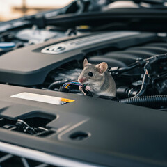 Small grey mouse chewing on wires in a modern vehicle engine bay